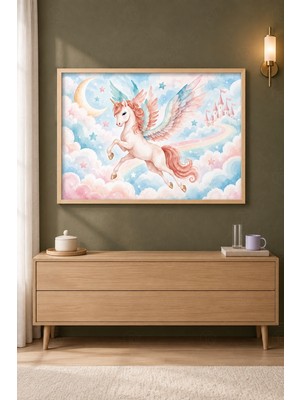 Tontilika Kanatlı Unicorn Şato ve Gökkuşağı Ahşap Çerçeveli Duvar Tablosu