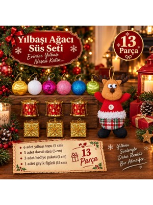 Kesene Yeni Yıla Özel 13 Parça Yılbaşı Ağacı Süsü Geyik Figürlü Noel Peluş ve Yılbaşı Aksesuar Süsleme Seti