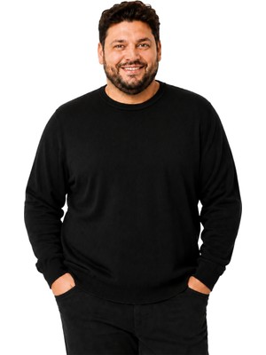 Battal Moda Erkek Büyük Beden Siyah Bisiklet Yaka Pamuklu Kazak 3xl-4xl-5xl-6xl