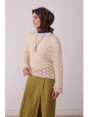 Belli Haki Geometrik Desen %100 Twill İpek Eşarp 4400-81