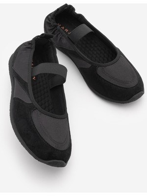 Marjin Kadın Sneaker Süet Dokulu Mary Jane Bantlı Günlük Spor Babet Sneaker Ronda Siyah Süet