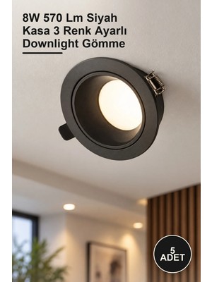 Yenilig 5 Adet Başak LED Armatür CT-5261 – 8W 570 Lm Siyah Kasa 3 Renk Ayarlı Downlight Gömme