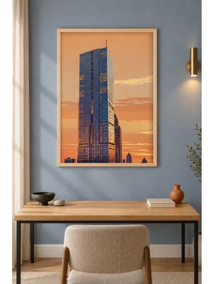 Tontilika Cam Kule Gün Batımı Skyline Ahşap Çerçeveli Duvar Tablosu