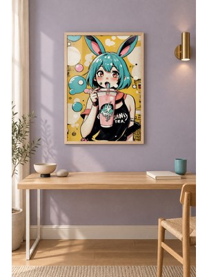 Tontilika Bubble Tea Molası Anime Pop Portre Ahşap Çerçeveli Duvar Tablosu