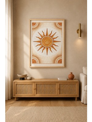 Tontilika Boho Güneş Terrakota Madalyon Ahşap Çerçeveli Duvar Tablosu