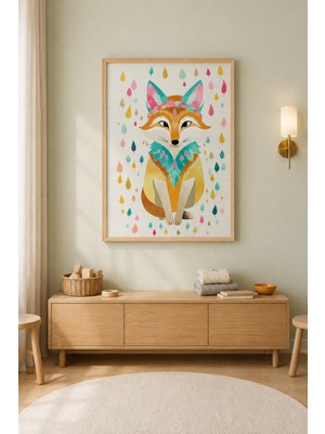 Tontilika Boho Tilki Renkli Folk Desenli Ahşap Çerçeveli Duvar Tablosu