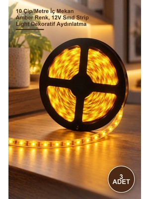 Yenilig 3 Adet CT-4485 Şerit LED – 10 Çip/metre Iç Mekan Amber Renk, 12V Smd Strip Light Dekoratif Aydınlatma
