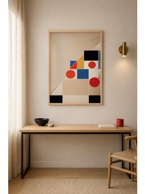 Tontilika Bauhaus Yarım Ay Blok ve Kavis Ahşap Çerçeveli Duvar Tablosu