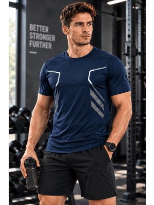 Erkek Spor Tişört Antreman Gym Polyester Erkek Sporcu t-Shirt Şeritli-Tişört