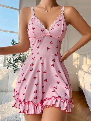 Fashioncolic Kiraz Desenli Askılı Pembe Mini Gecelik