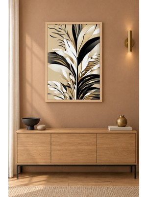 Tontilika Art Deco Yapraklar Bej ve Siyah Ahşap Çerçeveli Duvar Tablosu