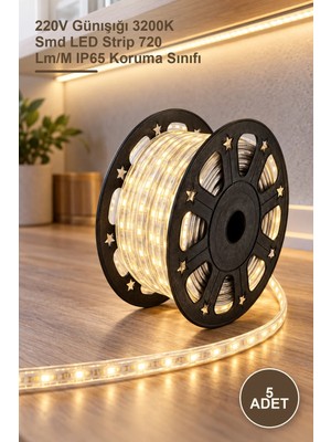Yenilig 5 Adet CT-4553 Üç Çip Şerit LED – 220V Günışığı 3200K Smd LED Strip 720 Lm/m IP65 Koruma Sınıfı