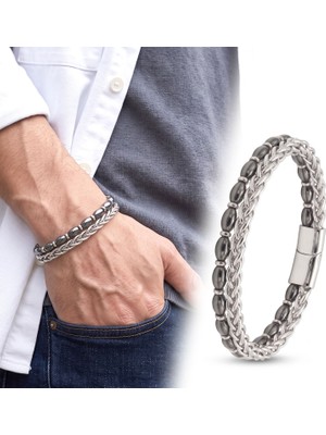 Fm 💎 Premium Parlak ve Şık Hematit Taşlı Çift Sıra Erkek 316L Çelik Zincir Bileklik 31832B21D22 - 21 cm