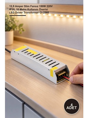 Yenilig 4 Adet Şerit LED Trafosu – 12,5 Amper Slim Fansız 150W 220V IP20, 10 Metre Kullanım Önerisi LED Driver Transformer CT-2560