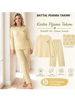 Lindros Kadın Düğme Yaka Raporlu Interlok Kışlık Battal Pijama Takımı 02717 - 1 Adet