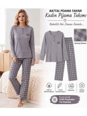Lindros Kadın Düğme Yaka Raporlu Interlok Kışlık Battal Pijama Takımı 02702 - 1 Adet