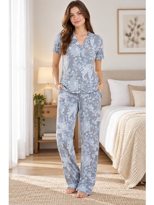 Lilac Kadın %100 Viskon Etnik Desenli Açık Gri Gömlek Yaka Pijama Takımı