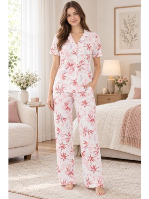 Lilac Kadın %100 Viskon Yaprak Desenli Beyaz - Nar Çiçeği Gömlek Yaka Pijama Takımı
