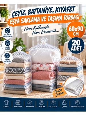 Erfa Plastik Ambalaj Naylon Torba 20 Adet 60X90 cm Çeyiz Yastık Battaniye Poşeti Eşya Koymalık