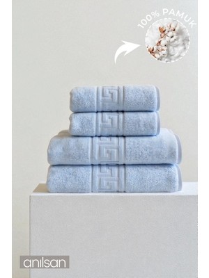 Anılsan 4'lü Mavi Greek Havlu Set %100Pamuk - 2 Adet El Havlusu 50x90 ve 2 Adet Banyo Havlusu 70x140
