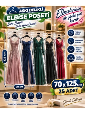Erfa Plastik Ambalaj Askılı Uzun Elbise Poşeti 70×125 cm – Şeffaf Naylon – 25'li Paket | Elbise, Kıyafet, Mont, Takım Elbise, Abiye Koruma Kılıfı