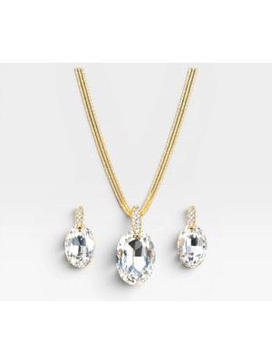Velund Oval Kesim Kristal Kolye ve Küpe Seti
