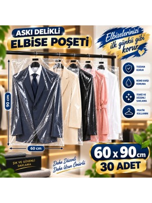 Erfa Plastik Ambalaj Askı Delikli Elbise Kılıfı 60×90 cm - Şeffaf Koruma Torbası 30 Adet
