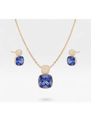 Velund 14K Altın Kaplama Mavi Premium Kristal Kolye ve Küpe Seti