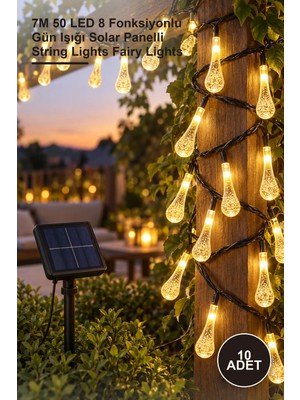 Yenilig 10 Adet Solar LED Damla Işık Zinciri – 7m 50 LED 8 Fonksiyonlu Gün Işığı Solar Panelli String Lights Fairy Lights