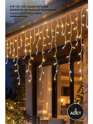 Yenilig 2 Adet Saçaklı LED Perde Işığı – 4 M 120 LED Çakarlı 20 Saçak 50X60X70 cm Dekoratif Aydınlatma Curtain LED Fairy Lights