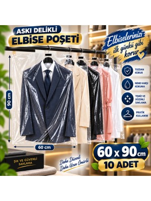 Erfa Plastik Ambalaj Askı Delikli Elbise Poşeti 60x90 cm • Şeffaf Naylon Kılıfı • Elbise, Abiye, Takım Elbise, Mont Koruma Saklama Torbası, Toz Geçirmez