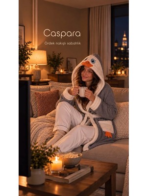 Caspara Ördek Nakışlı Kadın Kapüşonlu Wellsoft Peluş Bornoz / Sabahlık , Cepli Yumuşak Dokulu