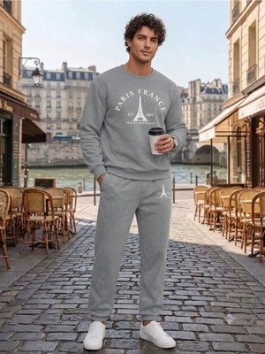 Woodroffe Unisex Paris Fransa Baskılı Bisiklet Yaka Eşofman Takımı Oversize