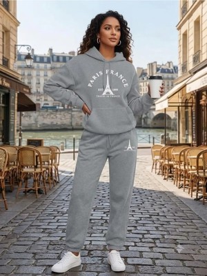 Woodroffe Unisex Paris Fransa Baskılı Oversize Kapüşonlu Eşofman Takımı Salaş