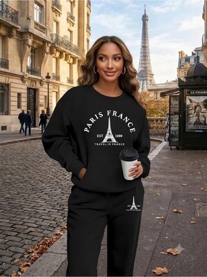 Woodroffe Unisex Paris Fransa Baskılı Bisiklet Yaka Eşofman Takımı Oversize