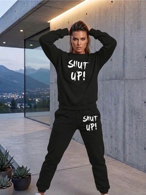 Woodroffe Unisex Shut Up Baskılı Bisiklet Yaka Eşofman Takımı Oversize