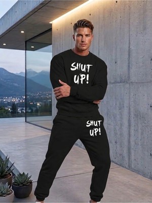Woodroffe Unisex Shut Up Baskılı Bisiklet Yaka Eşofman Takımı Oversize