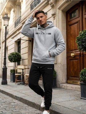 Woodroffe Unisex Üç Çizgi Paris Oversize Kapüşonlu Eşofman Takımı Salaş
