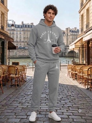 Woodroffe Unisex Paris Fransa Baskılı Oversize Kapüşonlu Eşofman Takımı Salaş