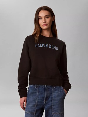 Calvin Klein Kadın Rahat Kalıp Yuvarlak Yakalı Logo Baskılı Düşük Omuzlu Pamuklu Uzun Kollu Siyah Sweatshirt LV047H806G-UB1
