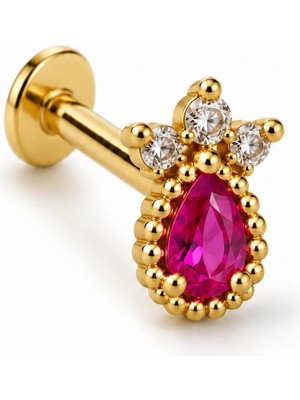 Valor Altın Renk Pembe Damla Taşlı Taç Tragus Piercing | PIR004