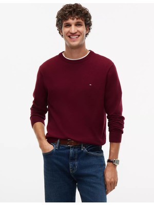 Tommy Hilfiger Erkek Logolu Yuvarlak Yakalı Uzun Kollu Günlük Kullanım Bordo Kazak MW0MW28046-VLP