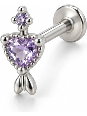 Valor Gümüş Renk Lila Taşlı Kalp ve Ok Tragus Piercing | PIR008