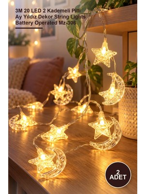 Yenilig 2 Adet Dekoratif LED Işık – 3m 20 LED 2 Kademeli Pilli Ay Yıldız Dekor String Lights Battery Operated MZ-306