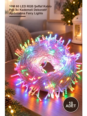 Yenilig 10 Adet LED Işık Şeridi – 10M 60 LED Rgb Şeffaf Kablo Pilli Iki Kademeli Dekoratif Aydınlatma Fairy Lights