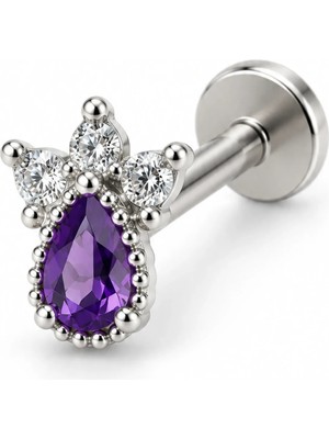 Valor Gümüş Renk Mor Damla Taşlı Taç Tragus Piercing | PIR011