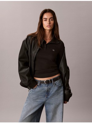 Calvin Klein Kadın Slim Fit Ck Logo Etiketli Örme Kumaş Uzun Kollu Siyah T-Shirt LV047H203G-UB1
