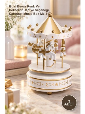 Yenilig 3 Adet Atlı Karınca Müzik Kutusu – Gold Beyaz Renk ve Dekoratif Hediye Seçeneği, Carousel Music Box MZ-417