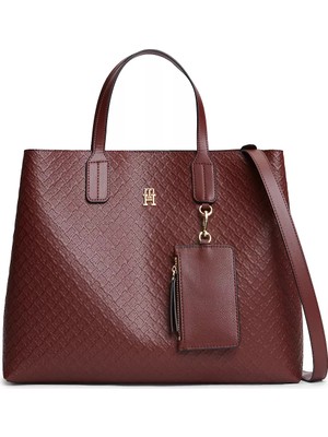 Tommy Hilfiger Kadın Kabartma Logo Desenli Çıkarılabilir Omuz Askılı Fermuarlı Bordo Omuz Çantası AW0AW18923-XUT