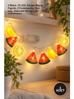 Yenilig 3 Adet LED Dize Işığı – 2 Metre, 10 Led, Karışık Meyve Figürlü, 2 Fonksiyonlu, Gün Işığı, Dekoratif String Light